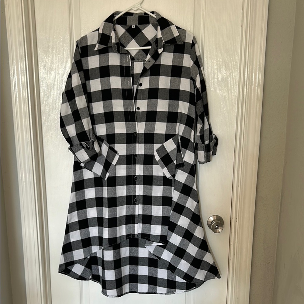 Black and White Plaid Button-Up Shirt Dress